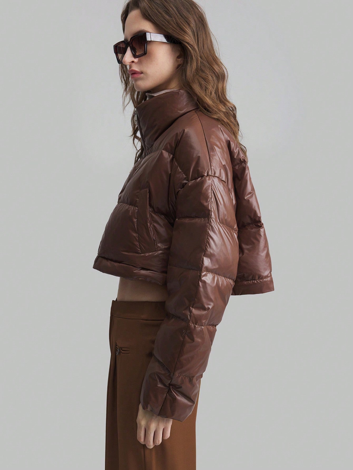 Ontre Removable Hem Down& Feathers Jacket, Women's Business Casual Long Sleeve Stand Collar Down& Feathers Coat, Brown, Detachable Down& Feathers Jacket For Winter, Casual School