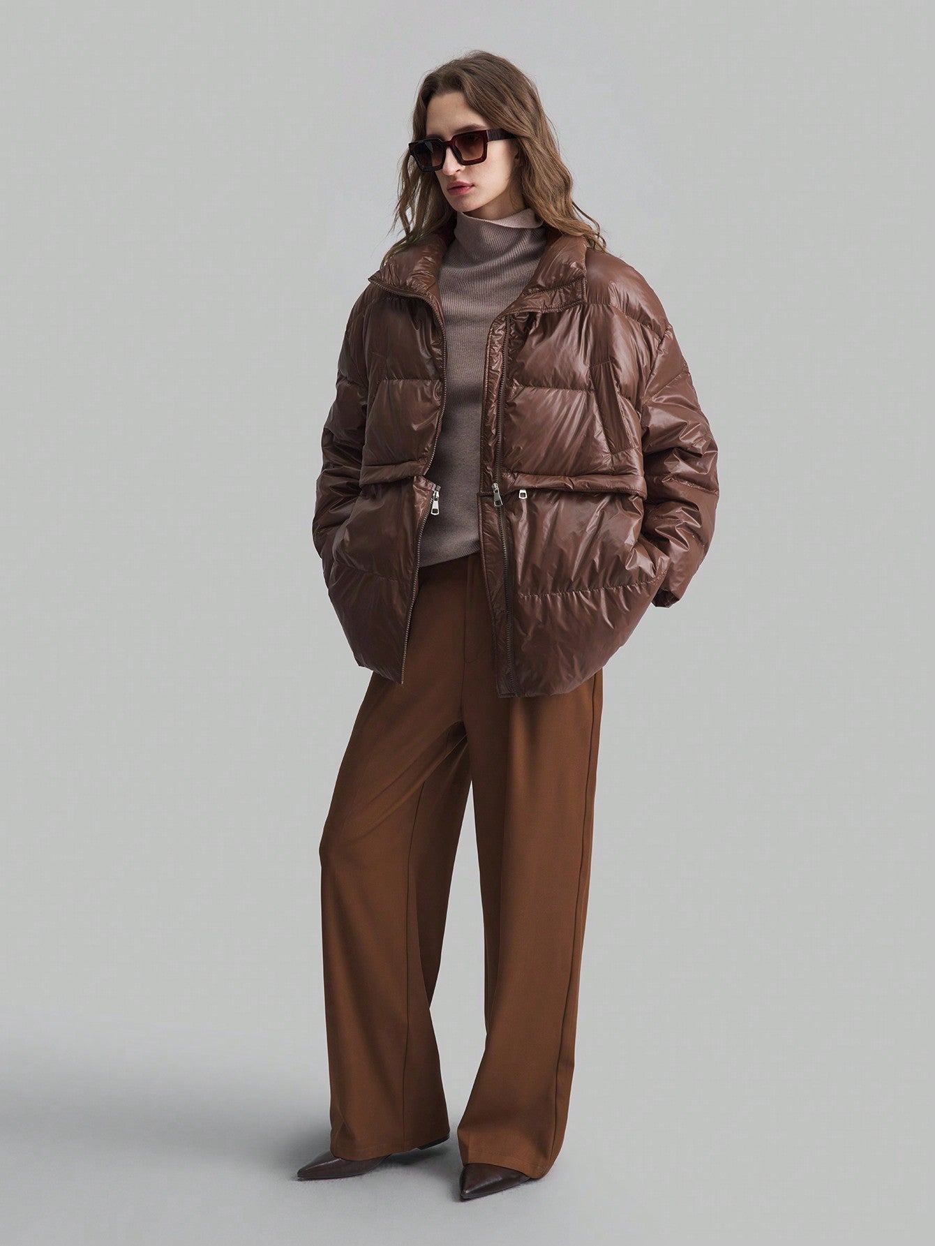 Ontre Removable Hem Down& Feathers Jacket, Women's Business Casual Long Sleeve Stand Collar Down& Feathers Coat, Brown, Detachable Down& Feathers Jacket For Winter, Casual School