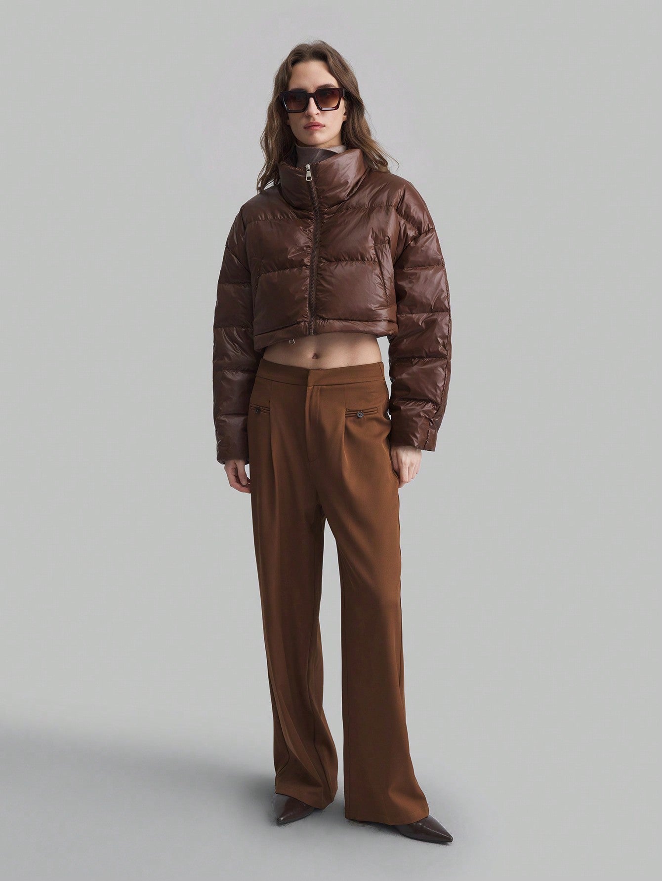 Ontre Removable Hem Down& Feathers Jacket, Women's Business Casual Long Sleeve Stand Collar Down& Feathers Coat, Brown, Detachable Down& Feathers Jacket For Winter, Casual School
