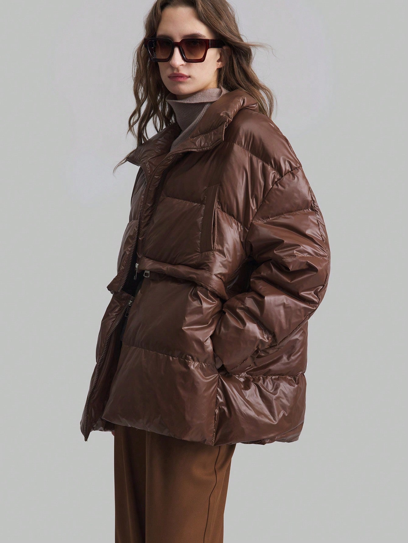 Ontre Removable Hem Down& Feathers Jacket, Women's Business Casual Long Sleeve Stand Collar Down& Feathers Coat, Brown, Detachable Down& Feathers Jacket For Winter, Casual School