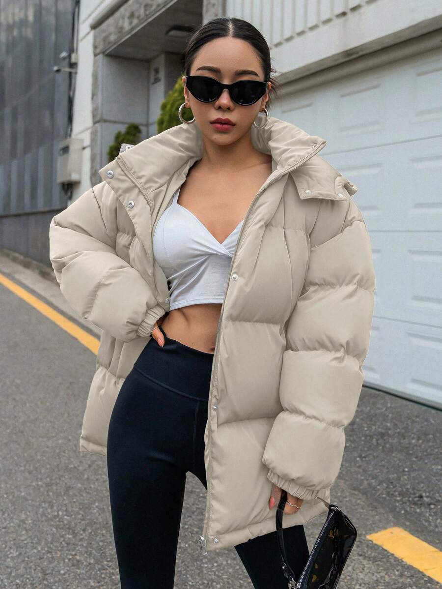 DAZY Women's Zipper Stand Collar Hooded Padded Coat, Ladies Winter Casual Button Front, Pocket, Zipper Regular Sleeve Hooded Oversized Coffee Brown Plain Women Padded Coats, Winter Warmth/ Winter Fashion ,Winter Women Clothes,Winter Coat Women Jacket