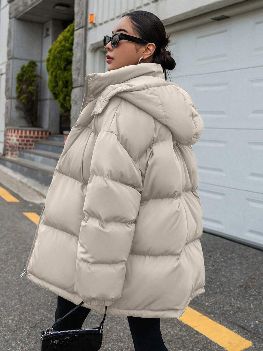 DAZY Women's Zipper Stand Collar Hooded Padded Coat, Ladies Winter Casual Button Front, Pocket, Zipper Regular Sleeve Hooded Oversized Coffee Brown Plain Women Padded Coats, Winter Warmth/ Winter Fashion ,Winter Women Clothes,Winter Coat Women Jacket