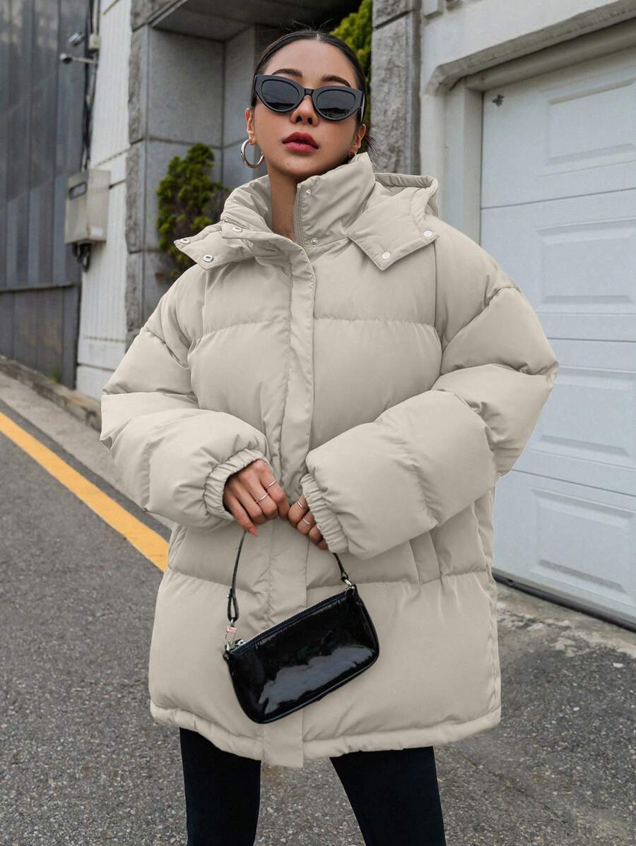 DAZY Women's Zipper Stand Collar Hooded Padded Coat, Ladies Winter Casual Button Front, Pocket, Zipper Regular Sleeve Hooded Oversized Coffee Brown Plain Women Padded Coats, Winter Warmth/ Winter Fashion ,Winter Women Clothes,Winter Coat Women Jacket
