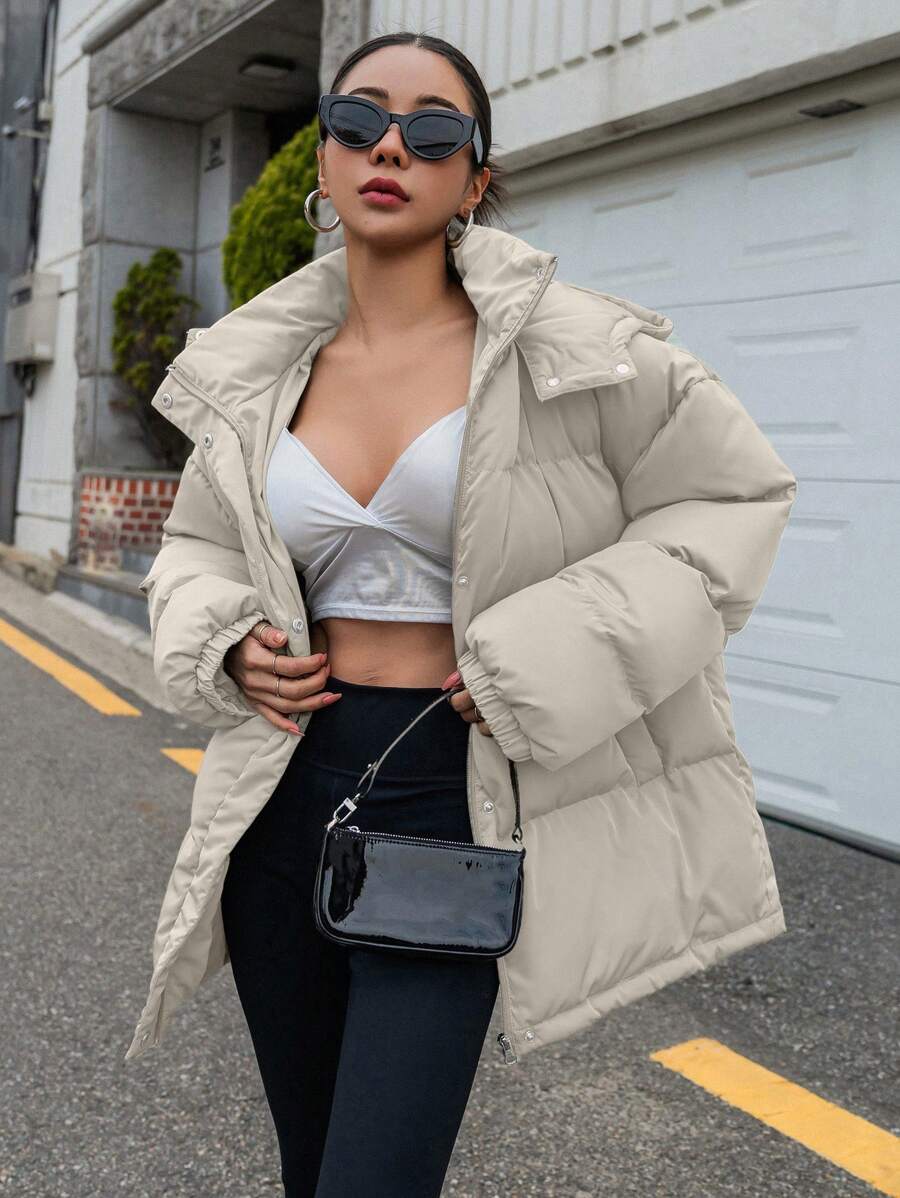 DAZY Women's Zipper Stand Collar Hooded Padded Coat, Ladies Winter Casual Button Front, Pocket, Zipper Regular Sleeve Hooded Oversized Coffee Brown Plain Women Padded Coats, Winter Warmth/ Winter Fashion ,Winter Women Clothes,Winter Coat Women Jacket