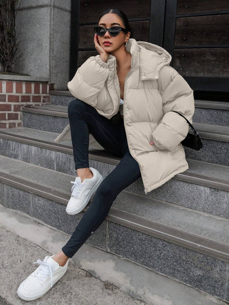 DAZY Women's Zipper Stand Collar Hooded Padded Coat, Ladies Winter Casual Button Front, Pocket, Zipper Regular Sleeve Hooded Oversized Coffee Brown Plain Women Padded Coats, Winter Warmth/ Winter Fashion ,Winter Women Clothes,Winter Coat Women Jacket