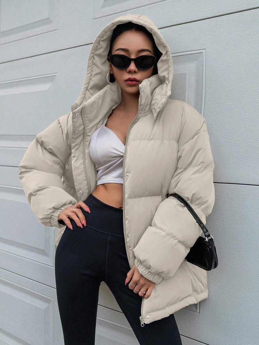 DAZY Women's Zipper Stand Collar Hooded Padded Coat, Ladies Winter Casual Button Front, Pocket, Zipper Regular Sleeve Hooded Oversized Coffee Brown Plain Women Padded Coats, Winter Warmth/ Winter Fashion ,Winter Women Clothes,Winter Coat Women Jacket