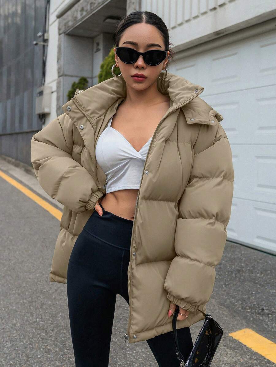 DAZY Women's Zipper Stand Collar Hooded Padded Coat, Ladies Winter Casual Button Front, Pocket, Zipper Regular Sleeve Hooded Oversized Coffee Brown Plain Women Padded Coats, Winter Warmth/ Winter Fashion ,Winter Women Clothes,Winter Coat Women Jacket