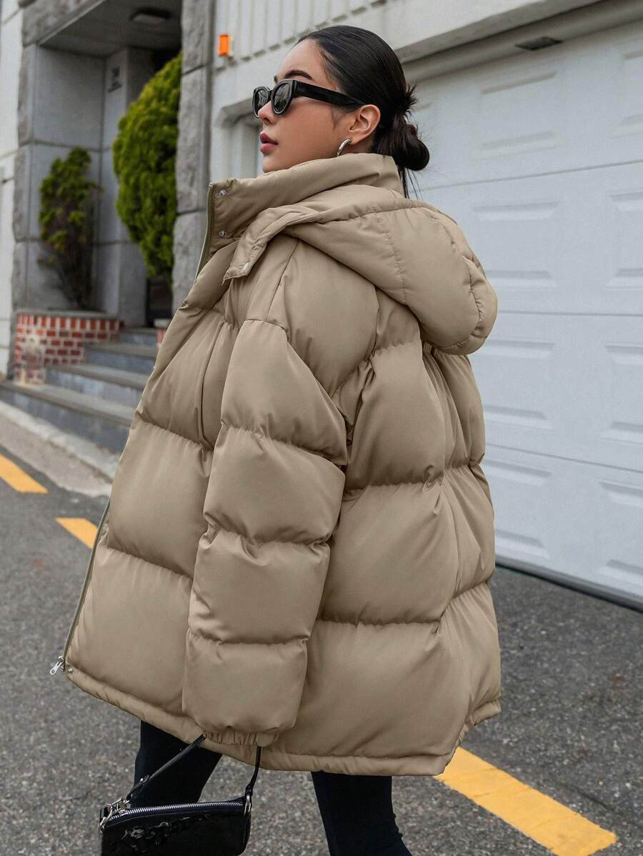 DAZY Women's Zipper Stand Collar Hooded Padded Coat, Ladies Winter Casual Button Front, Pocket, Zipper Regular Sleeve Hooded Oversized Coffee Brown Plain Women Padded Coats, Winter Warmth/ Winter Fashion ,Winter Women Clothes,Winter Coat Women Jacket