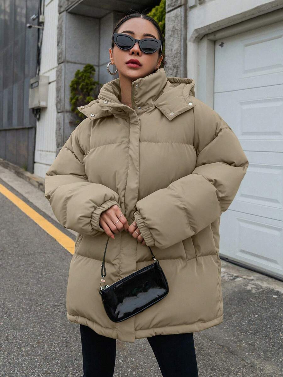 DAZY Women's Zipper Stand Collar Hooded Padded Coat, Ladies Winter Casual Button Front, Pocket, Zipper Regular Sleeve Hooded Oversized Coffee Brown Plain Women Padded Coats, Winter Warmth/ Winter Fashion ,Winter Women Clothes,Winter Coat Women Jacket