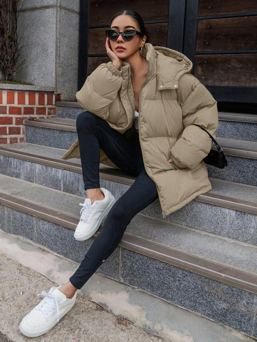 DAZY Women's Zipper Stand Collar Hooded Padded Coat, Ladies Winter Casual Button Front, Pocket, Zipper Regular Sleeve Hooded Oversized Coffee Brown Plain Women Padded Coats, Winter Warmth/ Winter Fashion ,Winter Women Clothes,Winter Coat Women Jacket