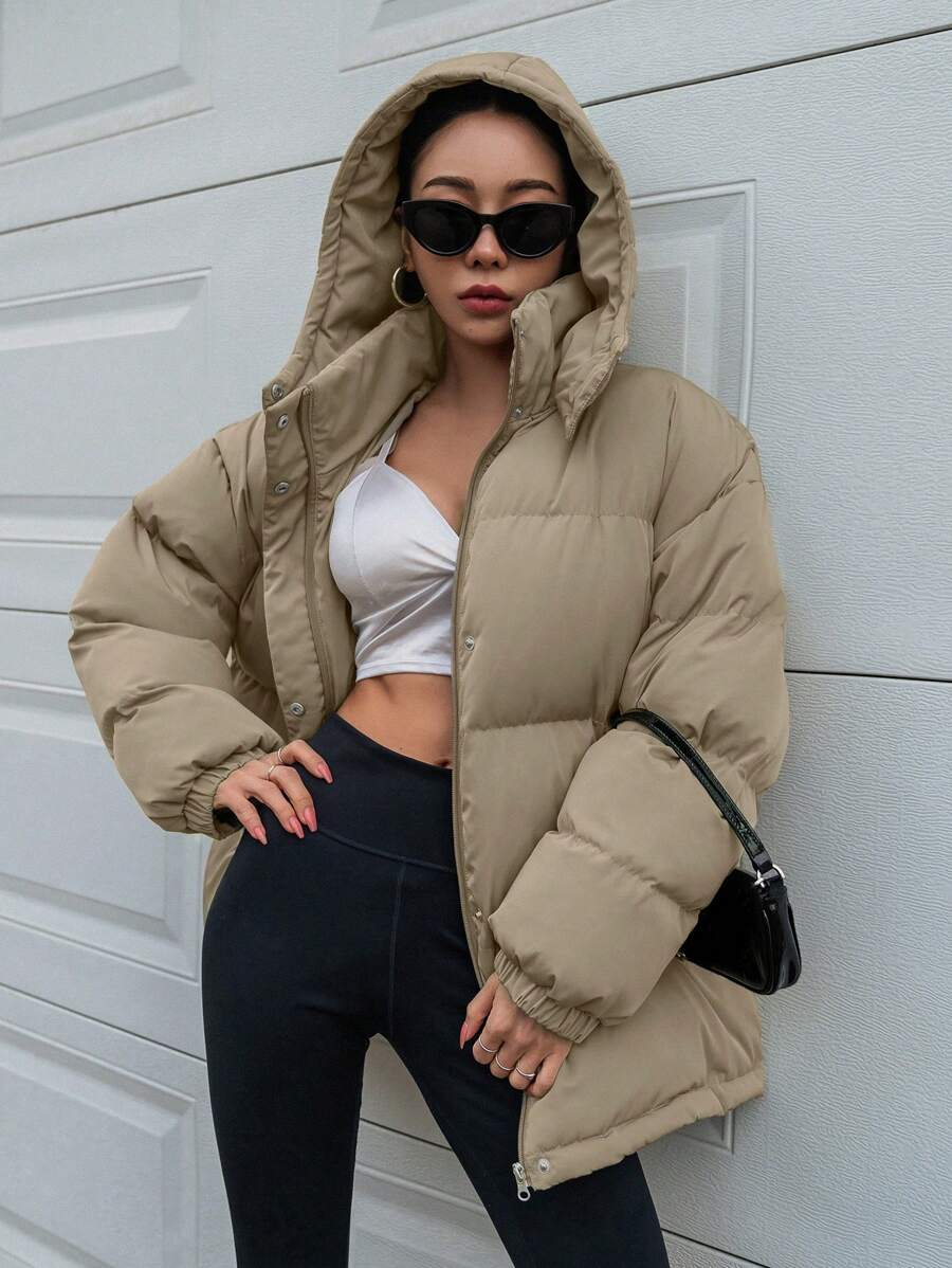 DAZY Women's Zipper Stand Collar Hooded Padded Coat, Ladies Winter Casual Button Front, Pocket, Zipper Regular Sleeve Hooded Oversized Coffee Brown Plain Women Padded Coats, Winter Warmth/ Winter Fashion ,Winter Women Clothes,Winter Coat Women Jacket