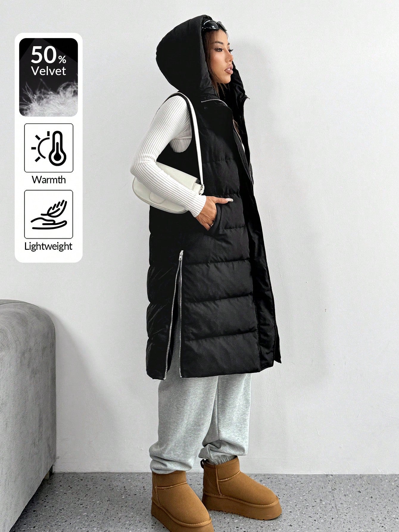 SHEIN EZwear Women's New Solid Color Hooded Sleeveless Mid-Length Down& Feathers Vest With Pockets, Winter