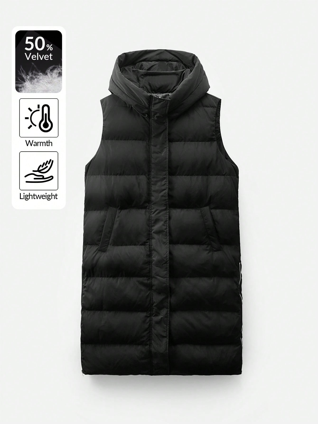 SHEIN EZwear Women's New Solid Color Hooded Sleeveless Mid-Length Down& Feathers Vest With Pockets, Winter