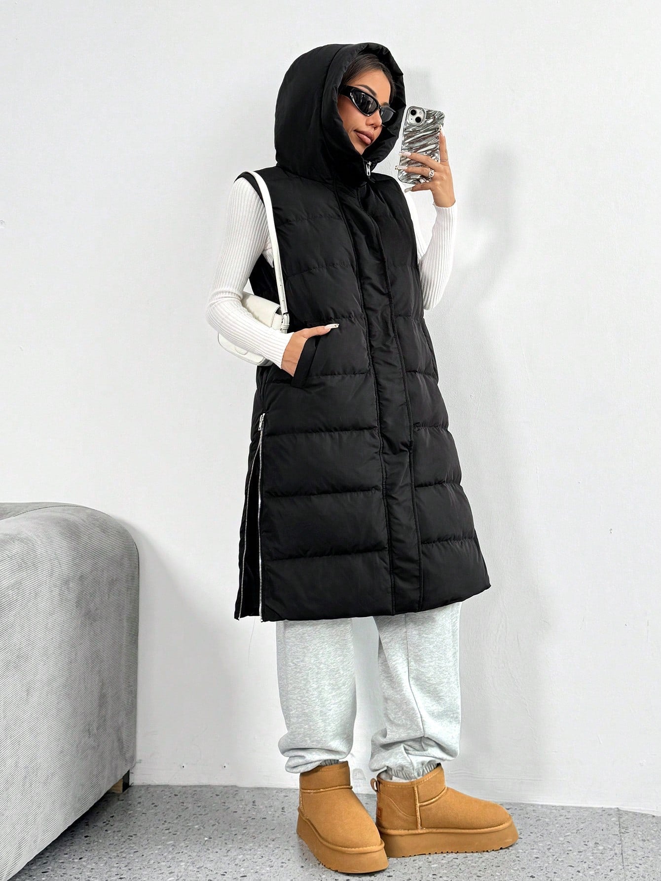 SHEIN EZwear Women's New Solid Color Hooded Sleeveless Mid-Length Down& Feathers Vest With Pockets, Winter