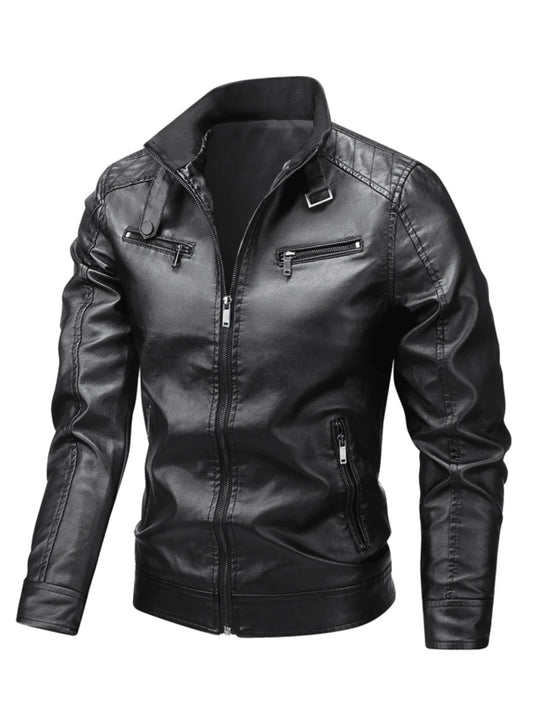 1pc Men's PU Leather Jacket, Biker Motorcycle Style, Casual Outdoor Wear For Autumn/Winter,Fleece