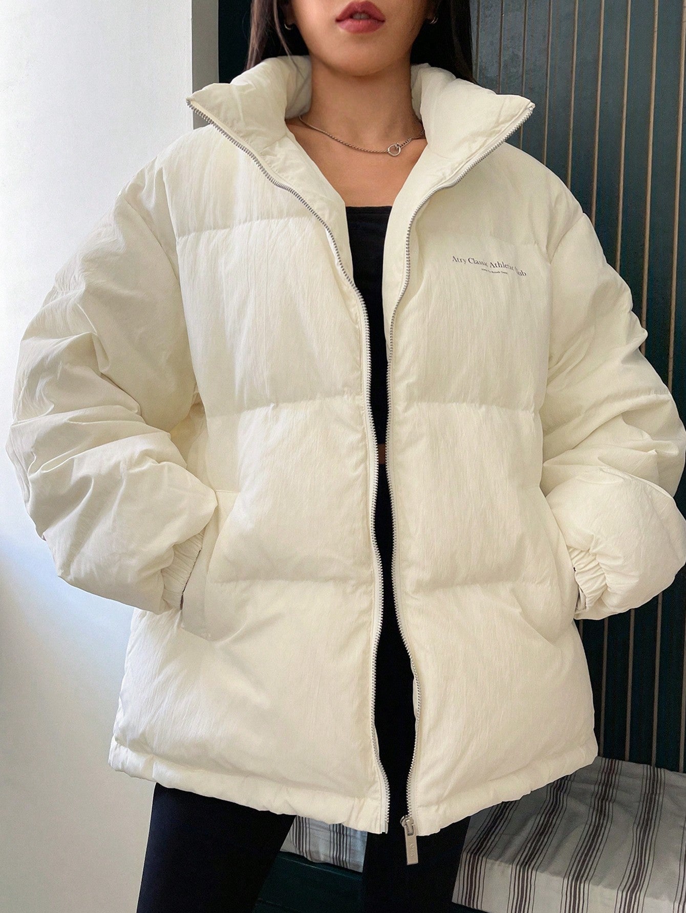DAZY Casual Letter Print Stand Collar Loose Padded Jacket, Warm For Winter ,Winter Women Clothes,Winter Coat Women,Fall Women Clothes
