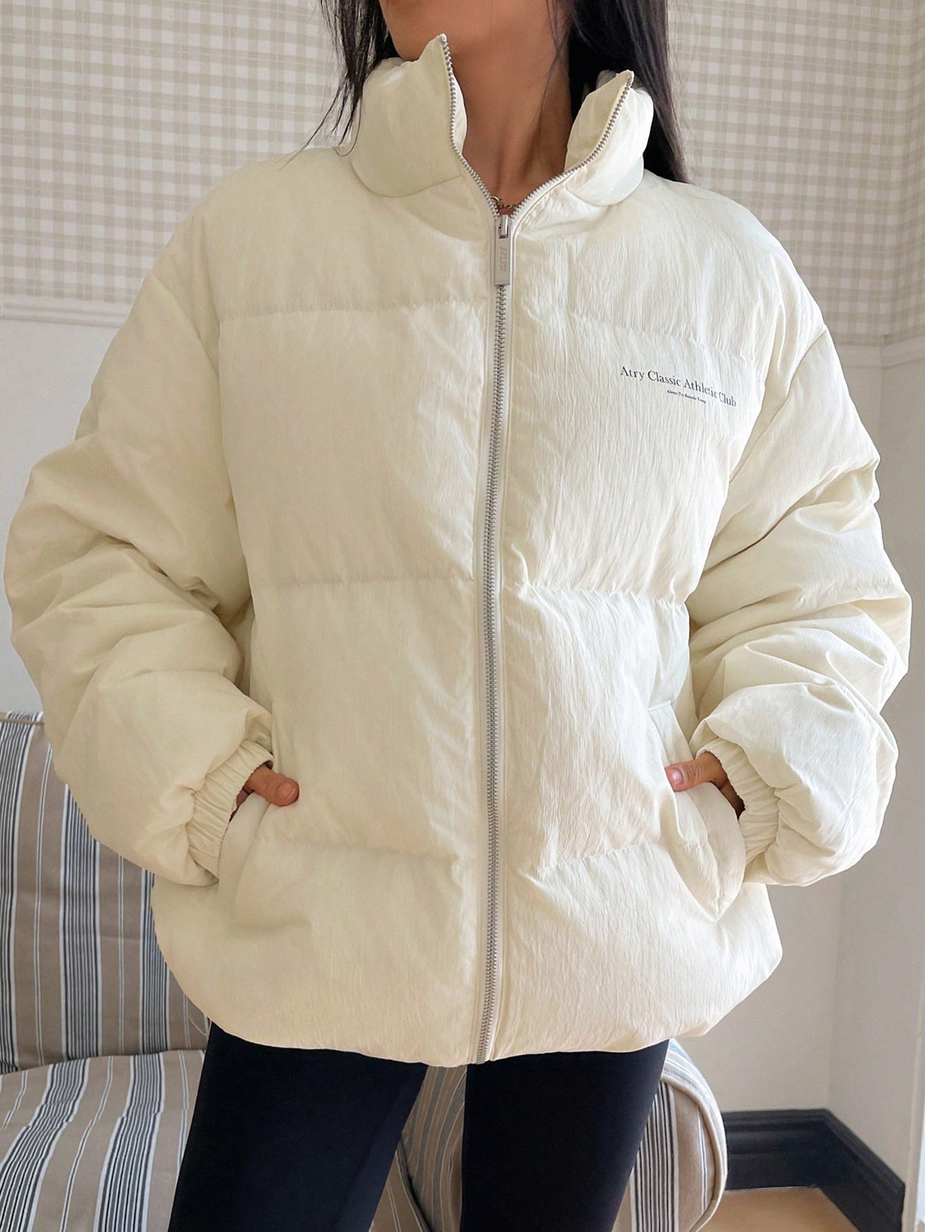 DAZY Casual Letter Print Stand Collar Loose Padded Jacket, Warm For Winter ,Winter Women Clothes,Winter Coat Women,Fall Women Clothes