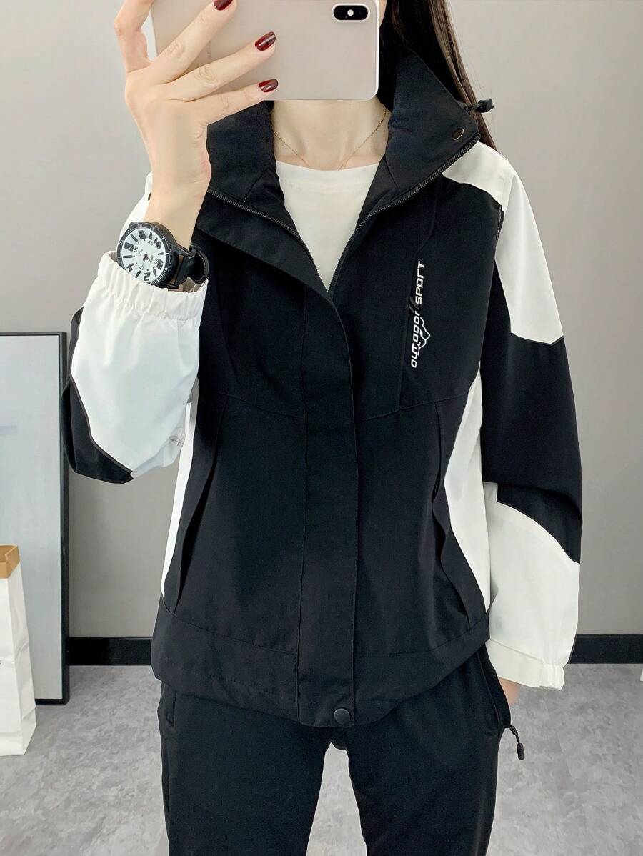 Women Color Block Spring And Autumn Windbreaker, Sports Outdoor Windproof Waterproof Running Lightweight Breathable Mountaineering Jacket With Long Sleeves