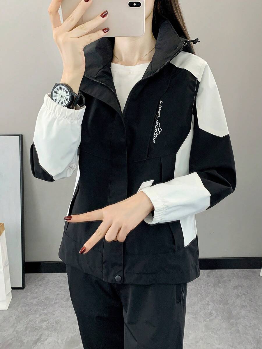 Women Color Block Spring And Autumn Windbreaker, Sports Outdoor Windproof Waterproof Running Lightweight Breathable Mountaineering Jacket With Long Sleeves