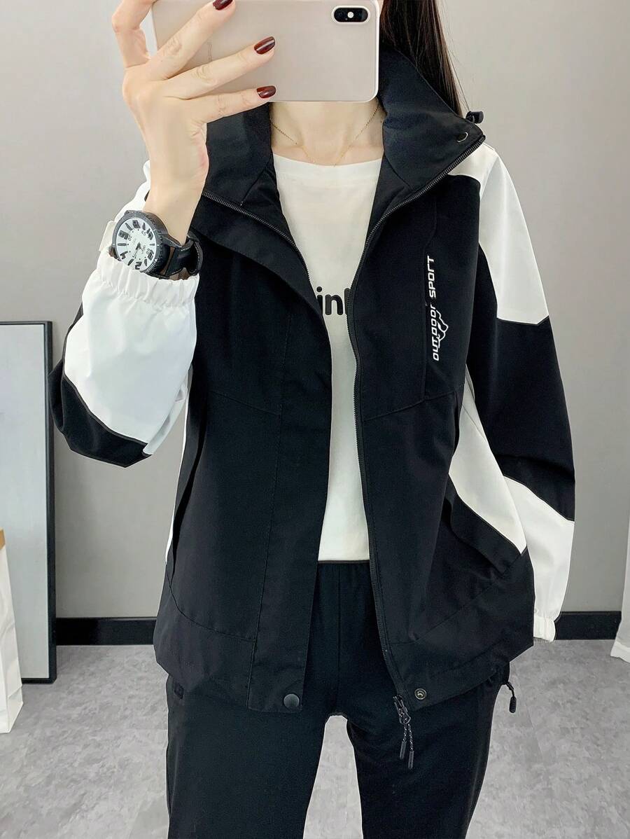 Women Color Block Spring And Autumn Windbreaker, Sports Outdoor Windproof Waterproof Running Lightweight Breathable Mountaineering Jacket With Long Sleeves