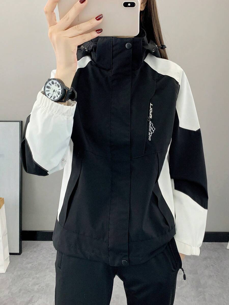 Women Color Block Spring And Autumn Windbreaker, Sports Outdoor Windproof Waterproof Running Lightweight Breathable Mountaineering Jacket With Long Sleeves