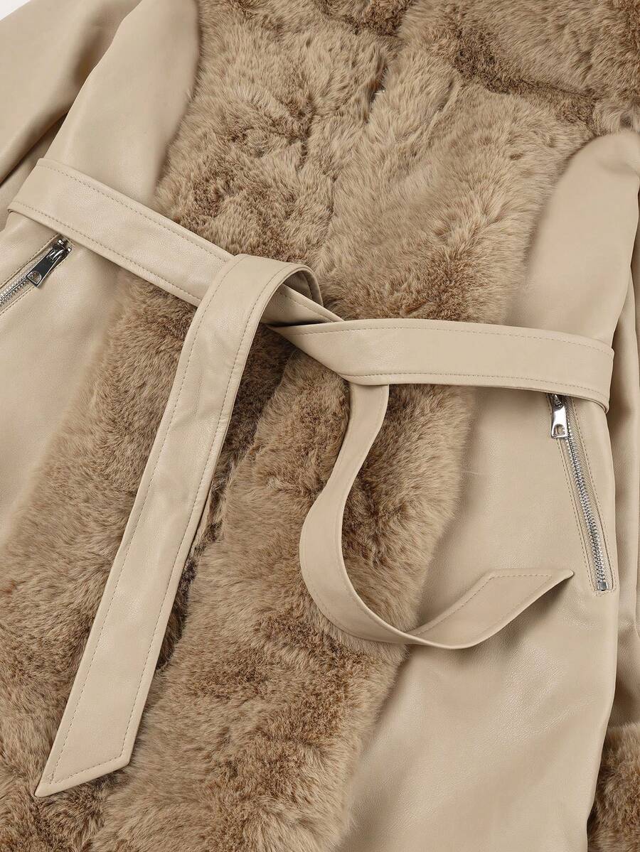 Giolshon Women's PU Jacket With Faux Fur And Belt - Perfect For Fall And Winter, And Stylish With Waist Tie For Casual Or Work Commute