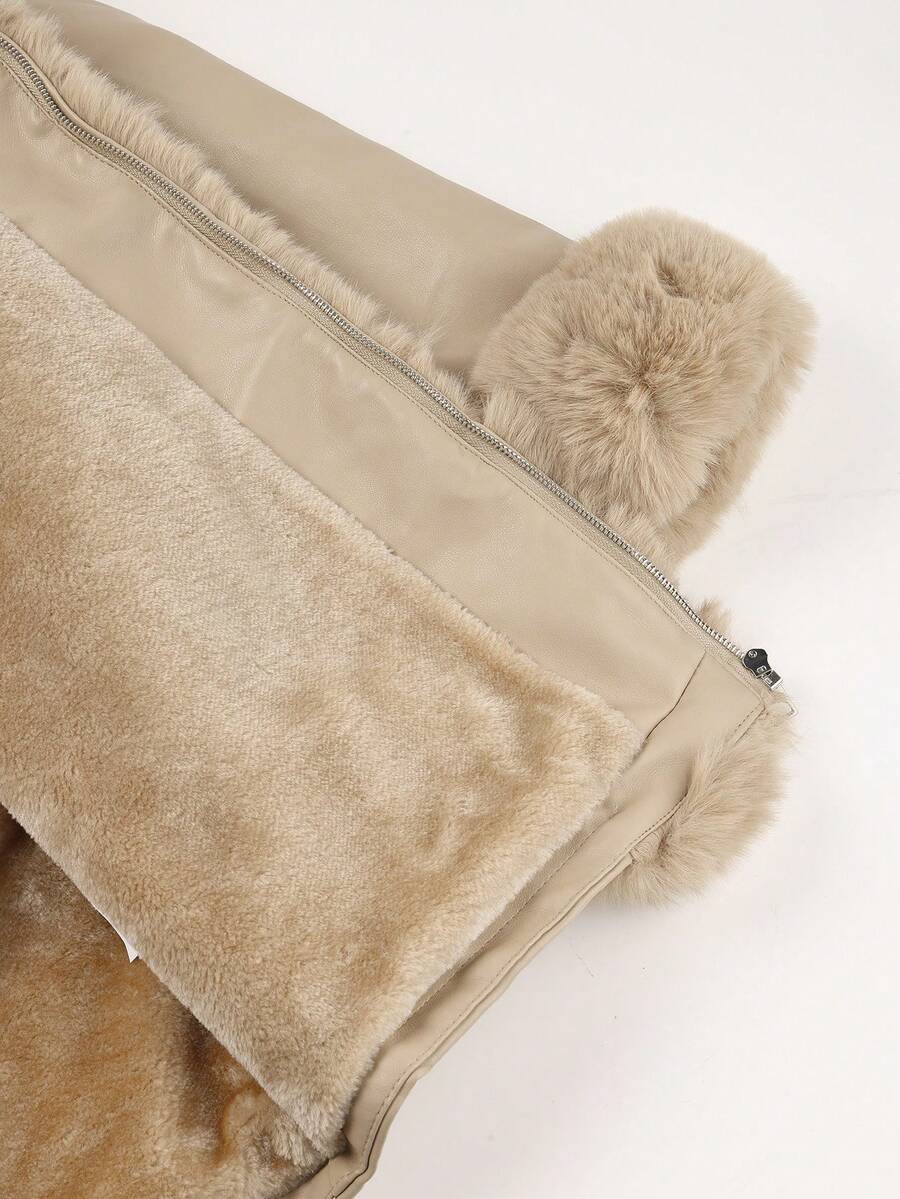 Giolshon Women's PU Jacket With Faux Fur And Belt - Perfect For Fall And Winter, And Stylish With Waist Tie For Casual Or Work Commute