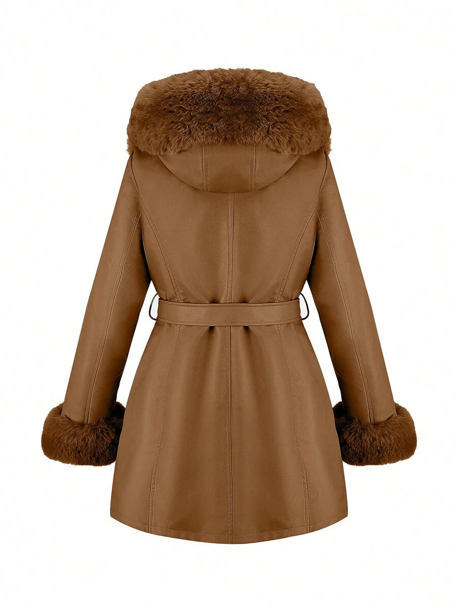 Giolshon Women's PU Jacket With Faux Fur And Belt - Perfect For Fall And Winter, And Stylish With Waist Tie For Casual Or Work Commute