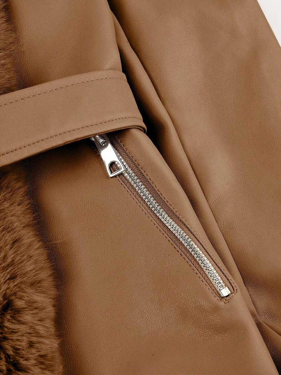 Giolshon Women's PU Jacket With Faux Fur And Belt - Perfect For Fall And Winter, And Stylish With Waist Tie For Casual Or Work Commute