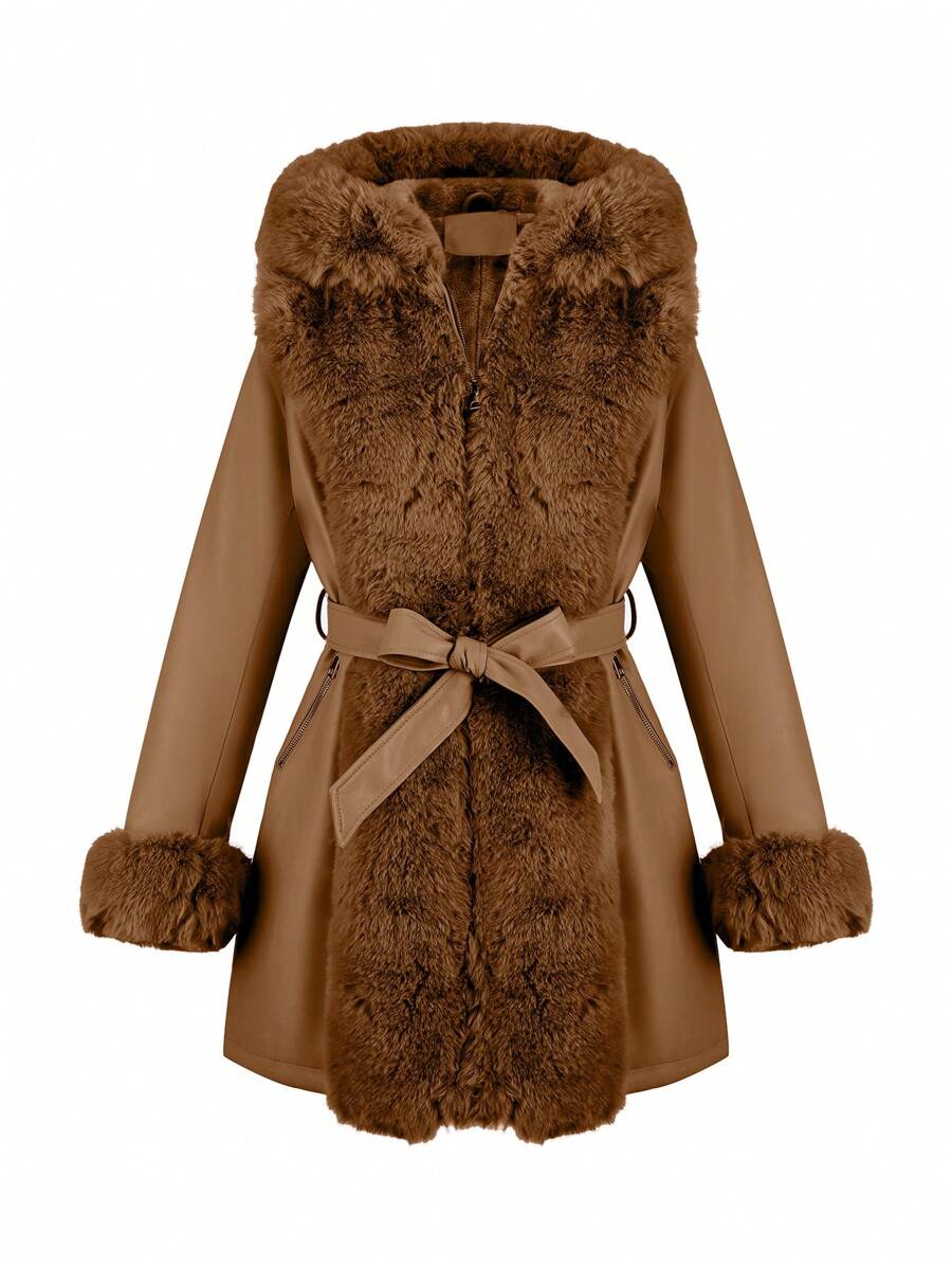 Giolshon Women's PU Jacket With Faux Fur And Belt - Perfect For Fall And Winter, And Stylish With Waist Tie For Casual Or Work Commute