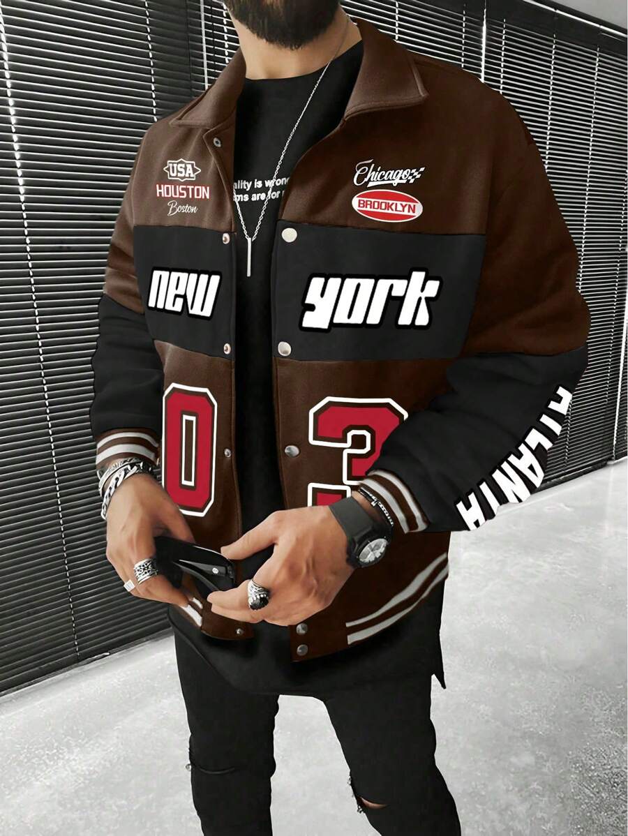 Manfinity LEGND Men Letter Graphic Colorblock Drop Shoulder Oversize Jacket, Colorful, Race Car, Long Sleeve, Going Out, Techwear, Boyfriend Gift, Men Red And Black Jacket, Men Varsity Jacket, Men Streetwear Jacket, Grunge, Fall