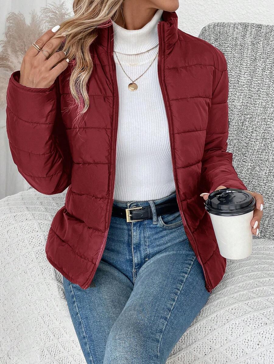 LUNE Women Solid Color Long Sleeve Zipper Stand Collar Casual Winter Jacket Fall Cloth For Women