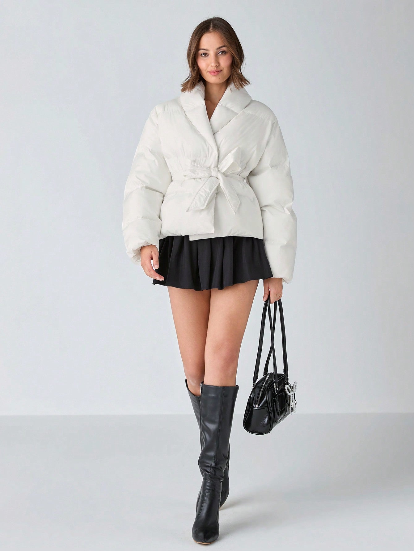 Enchnt 1 Piece Women's Solid Color Long Sleeve Tie Front Bow Simple Cute Warm Jacket, Casual Daily Wear, Autumn And Winter Women's Clothing, Winter Outfits, Christmas Coats