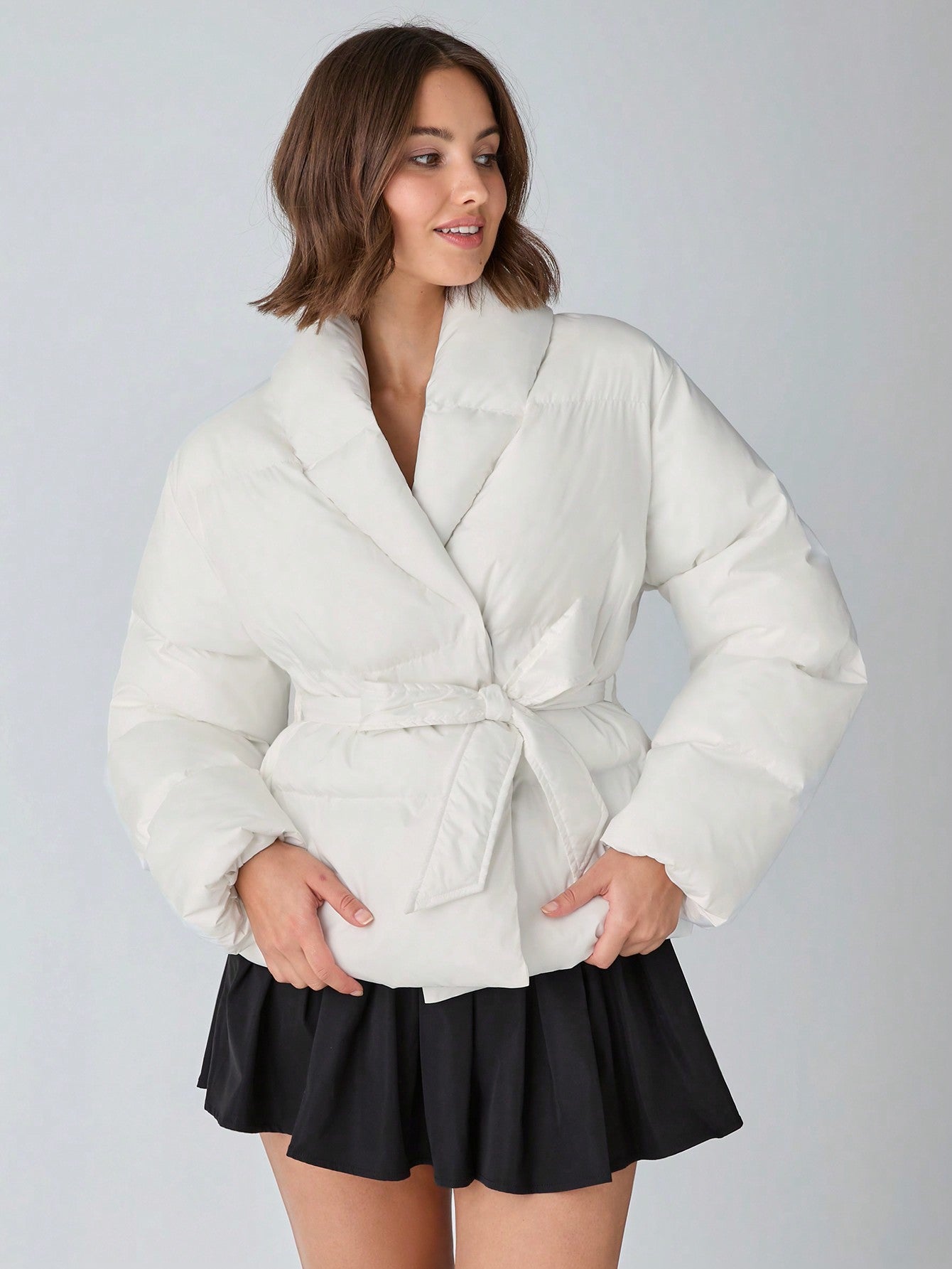 Enchnt 1 Piece Women's Solid Color Long Sleeve Tie Front Bow Simple Cute Warm Jacket, Casual Daily Wear, Autumn And Winter Women's Clothing, Winter Outfits, Christmas Coats