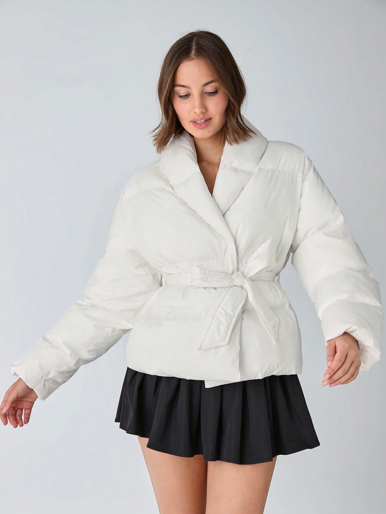 Enchnt 1 Piece Women's Solid Color Long Sleeve Tie Front Bow Simple Cute Warm Jacket, Casual Daily Wear, Autumn And Winter Women's Clothing, Winter Outfits, Christmas Coats