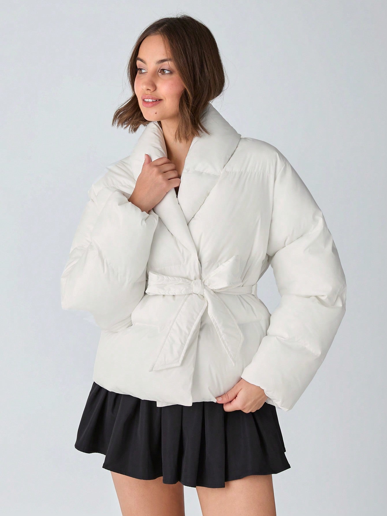 Enchnt 1 Piece Women's Solid Color Long Sleeve Tie Front Bow Simple Cute Warm Jacket, Casual Daily Wear, Autumn And Winter Women's Clothing, Winter Outfits, Christmas Coats