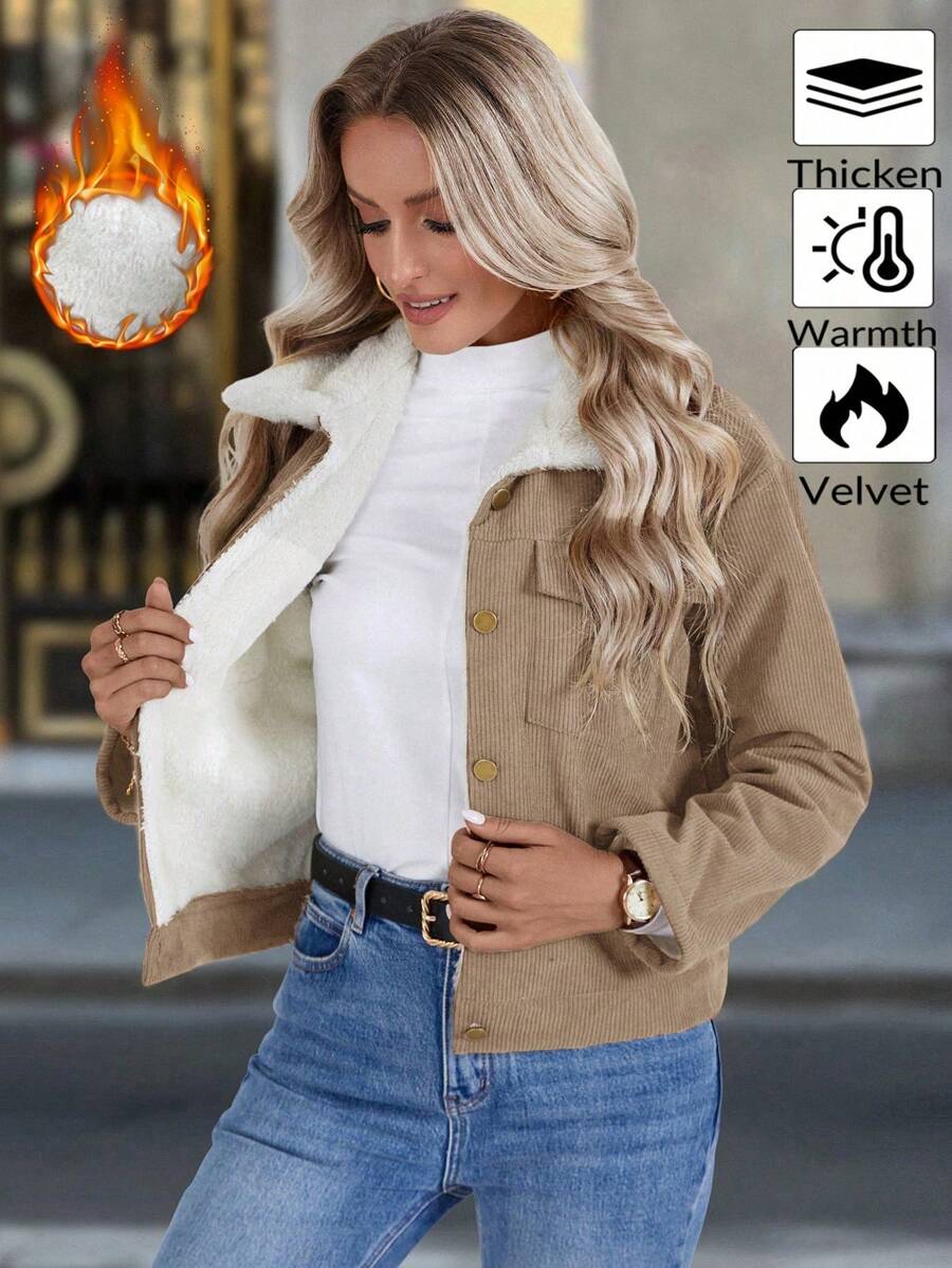 Louniche 1pc Solid Color Thermal Lined Front Zip Pocket Casual Long Sleeve Jacket Fall Winter Cloth For Women