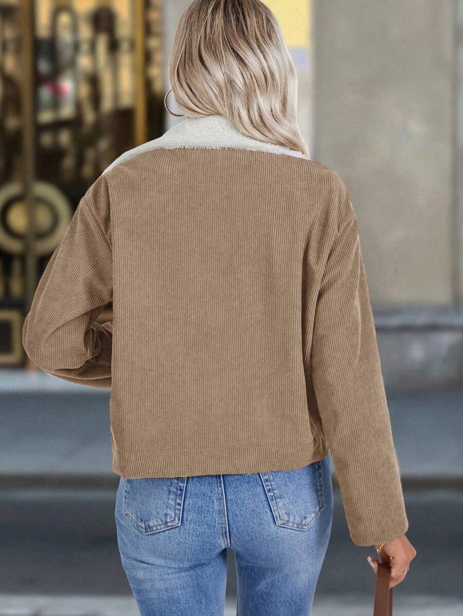 Louniche 1pc Solid Color Thermal Lined Front Zip Pocket Casual Long Sleeve Jacket Fall Winter Cloth For Women