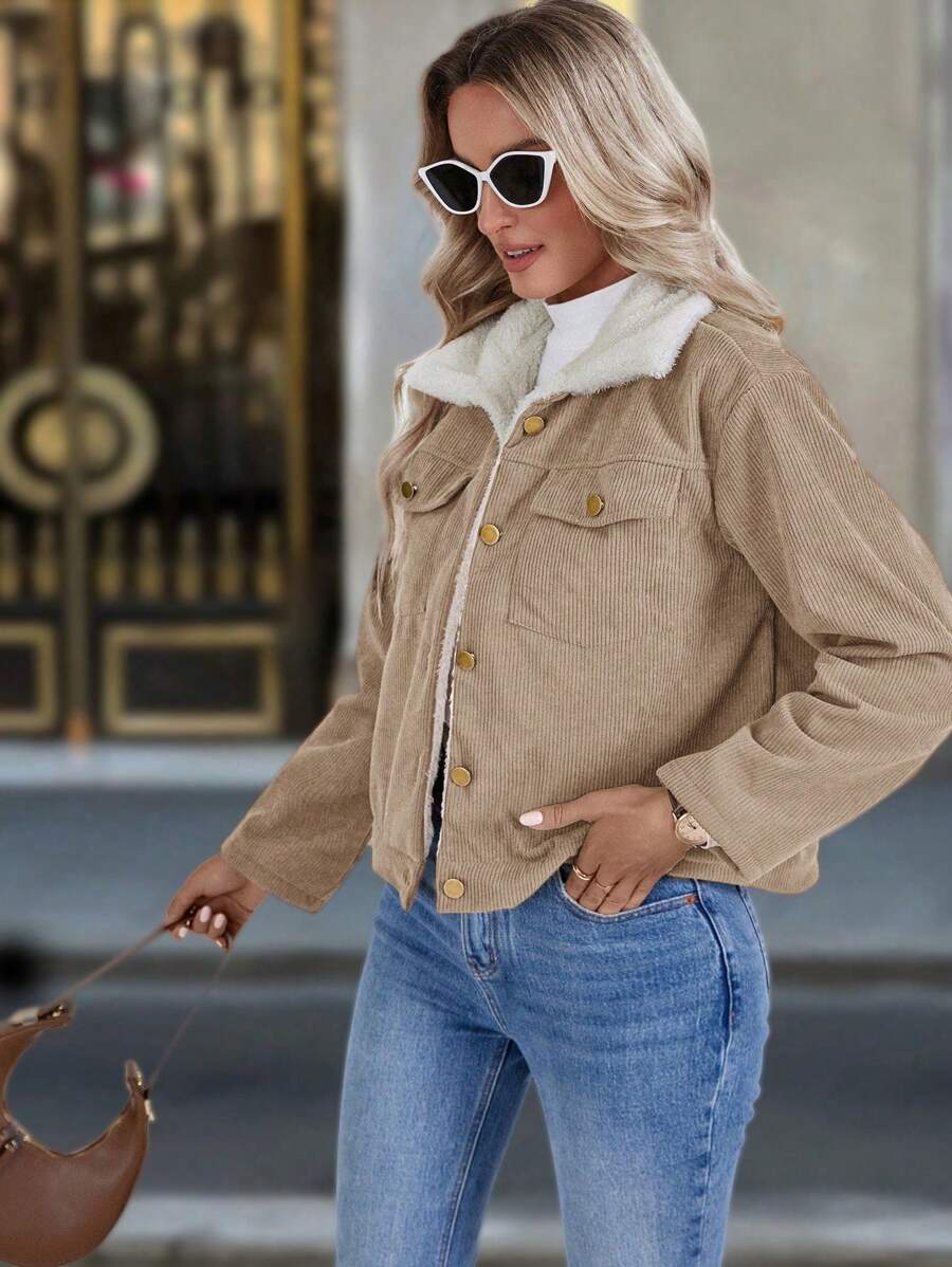 Louniche 1pc Solid Color Thermal Lined Front Zip Pocket Casual Long Sleeve Jacket Fall Winter Cloth For Women