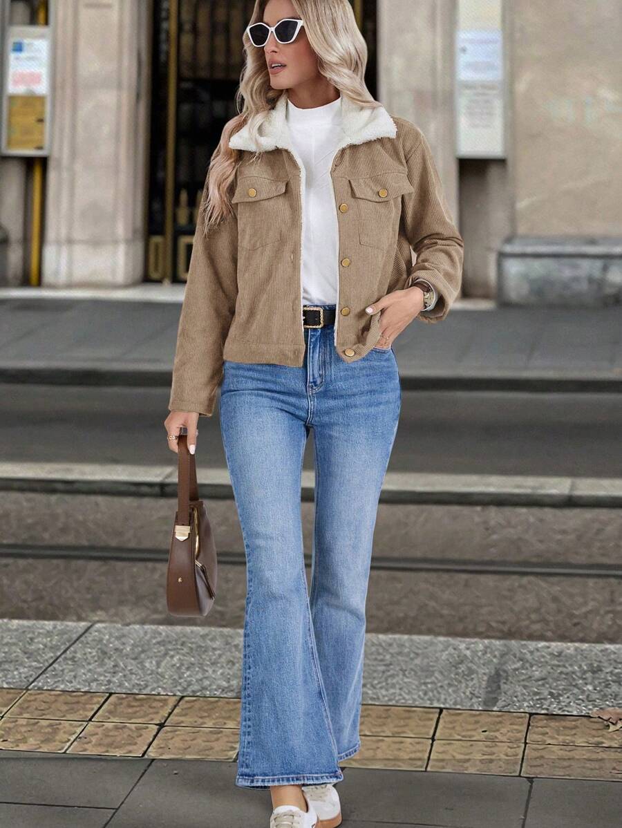 Louniche 1pc Solid Color Thermal Lined Front Zip Pocket Casual Long Sleeve Jacket Fall Winter Cloth For Women