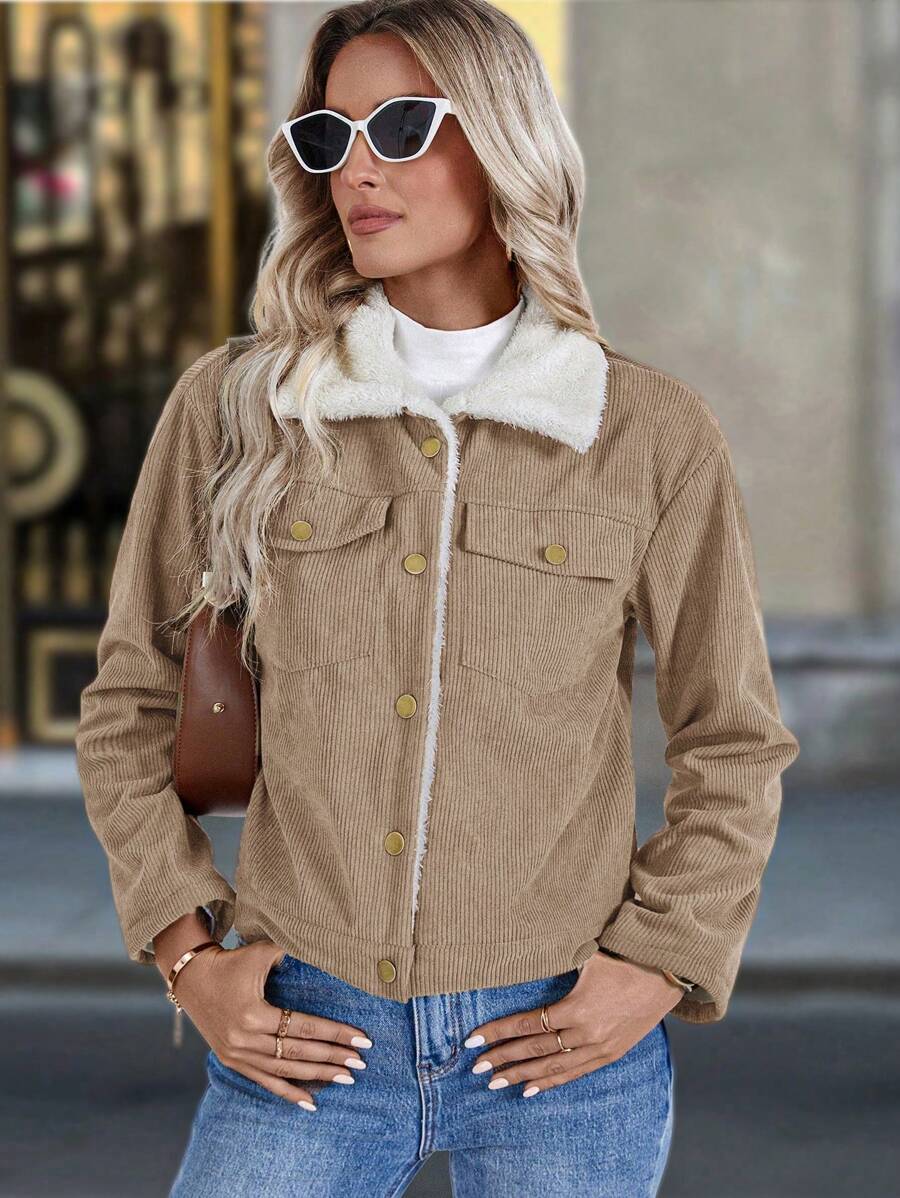 Louniche 1pc Solid Color Thermal Lined Front Zip Pocket Casual Long Sleeve Jacket Fall Winter Cloth For Women