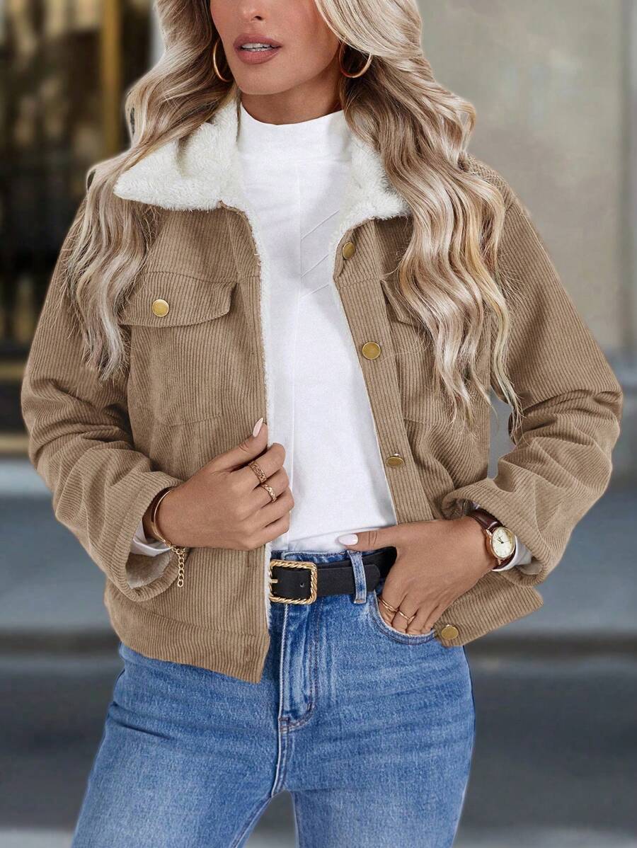 Louniche 1pc Solid Color Thermal Lined Front Zip Pocket Casual Long Sleeve Jacket Fall Winter Cloth For Women