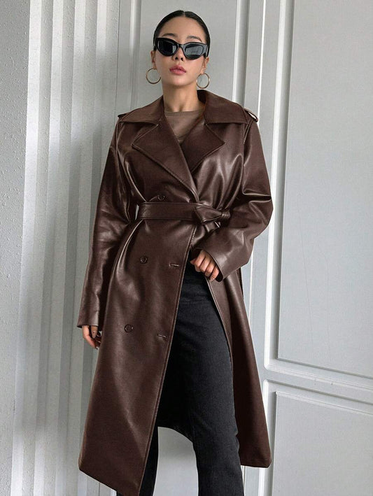 DAZY Women's Fashion Street Style Solid Color Lapel Collar Double-Breasted Belted PU Leather Trench Coat, Autumn Women Jacket,Fall Women Clothes