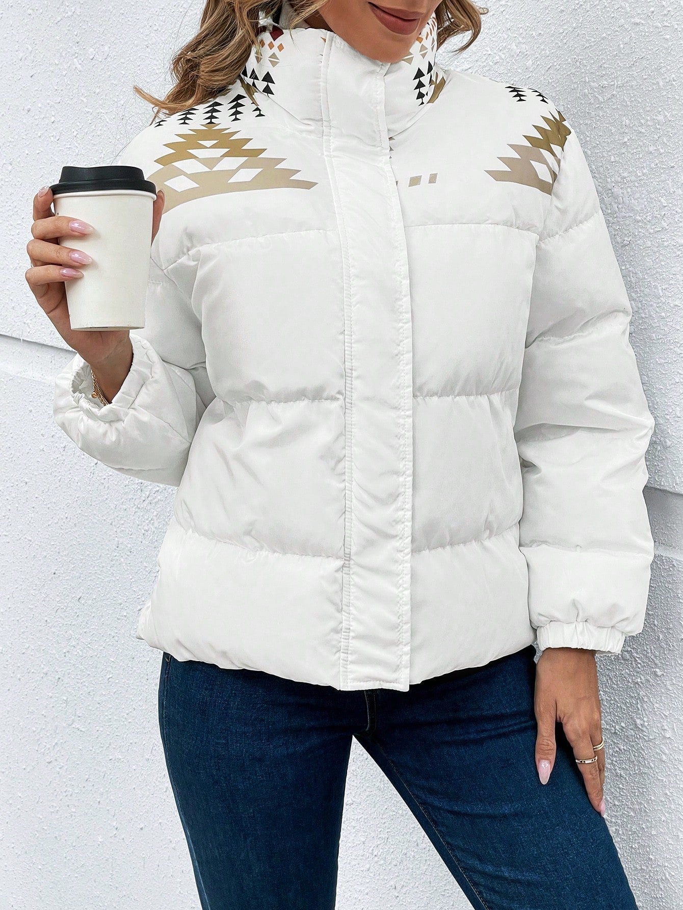 EMERY ROSE Women's Geometric Print Long Sleeve Zip-Up Casual Padded Coat, Winter