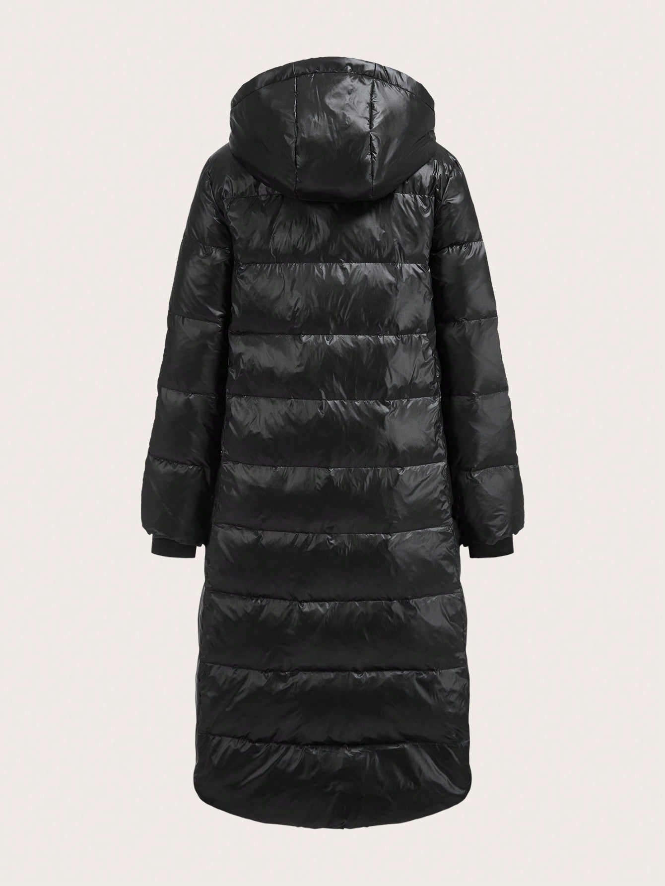 SHEIN EZwear Women's Long Black Woven Hooded Down& Feathers Jacket, Winter