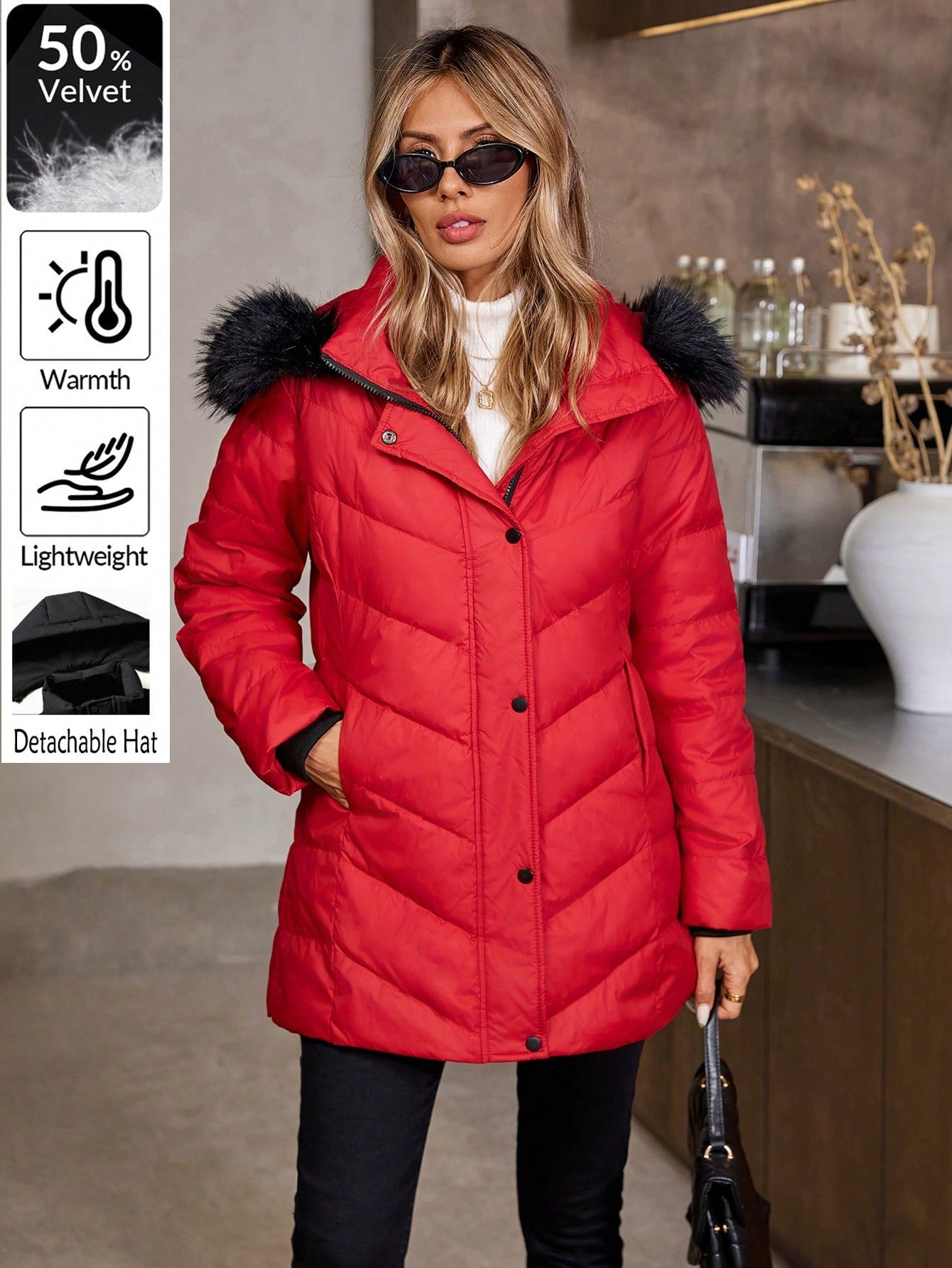 SHEIN LUNE Autumn/Winter Red  Coat ,Contrast Blak Furry Trim Long Down& Feathers, Warm Clothes