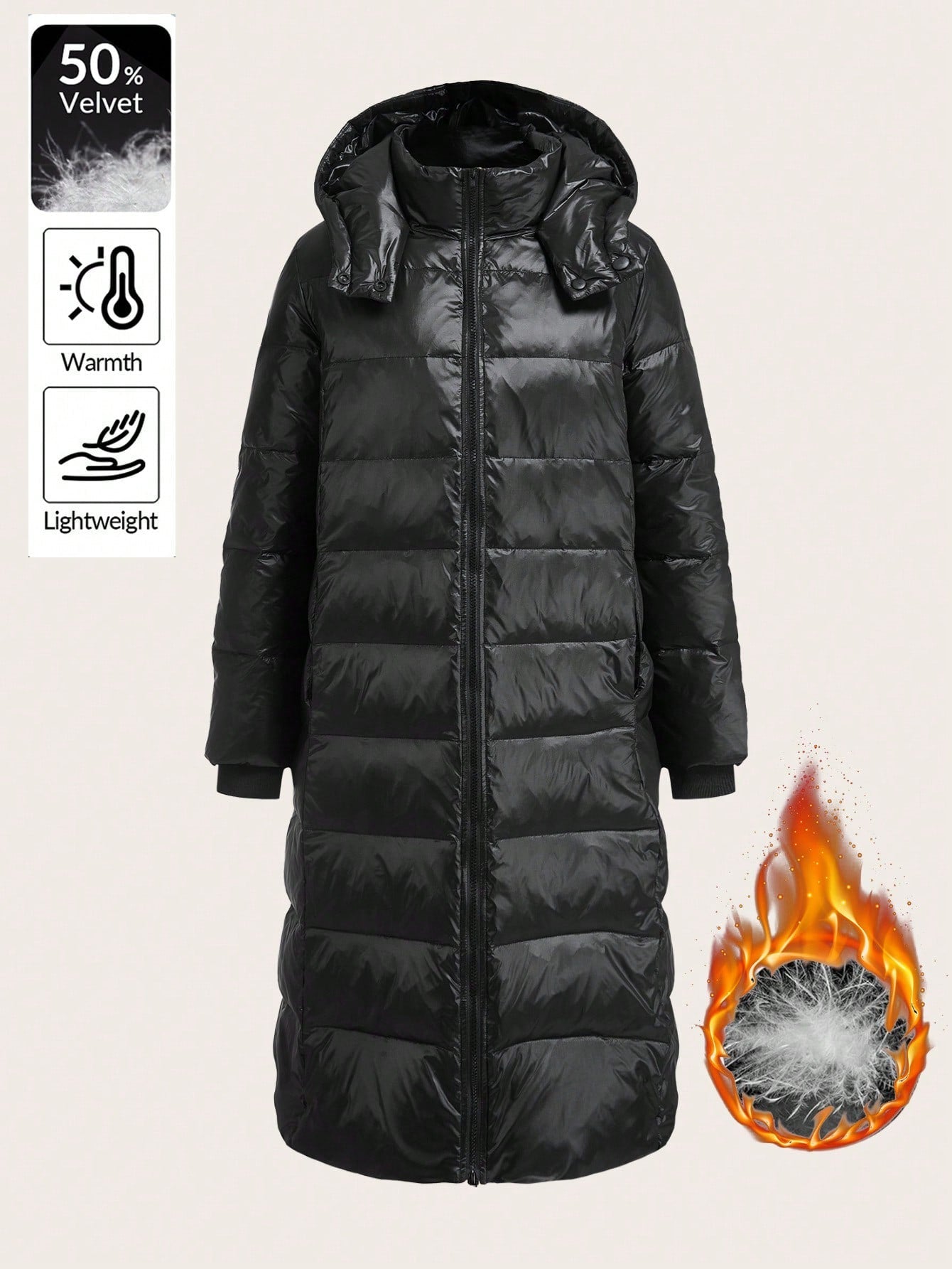 SHEIN EZwear Women's Long Black Woven Hooded Down& Feathers Jacket, Winter