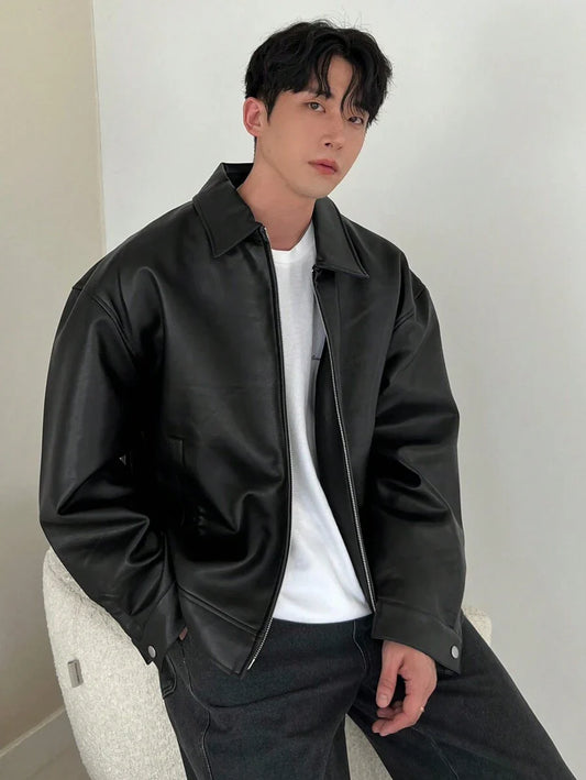 DAZY 1pc Men Plain Black Faux Leather Jacket For Autumn, Grunge