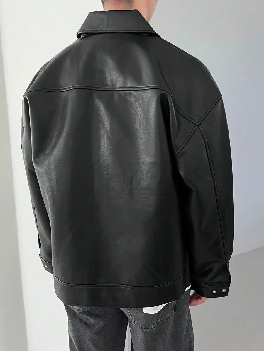 DAZY 1pc Men Plain Black Faux Leather Jacket For Autumn, Grunge