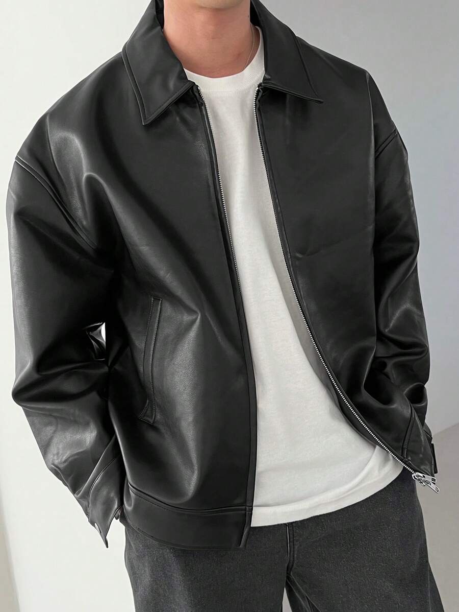 DAZY 1pc Men Plain Black Faux Leather Jacket For Autumn, Grunge